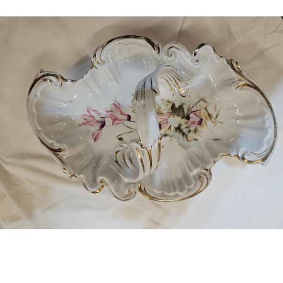 Vintage Double-Sided Bowl with Handle Silesian ceramic, Pink Orchids Flowers - Picture 4 of 10